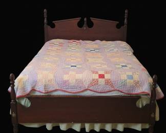 Vintage Mahogany Spindle Bed Frame with Handmade "Double Wedding Ring" Quilt
