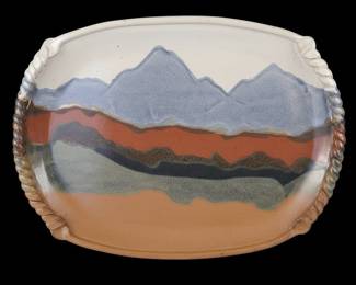 Anita Garfein Studio Pottery Platter with Mountain Landscape Glaze and Rope Border