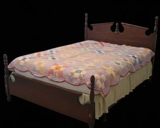 Vintage Mahogany Spindle Bed Frame with Handmade "Double Wedding Ring" Quilt
