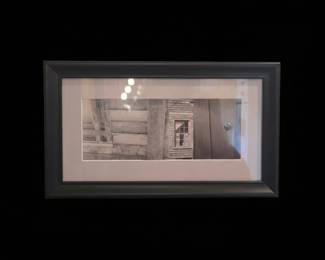 Framed Black and White Photograph of Rustic Cabin Interior