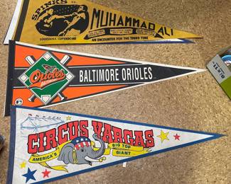 Vintage Muhammad Ali vs. Spinks Boxing Pennant, Baltimore Orioles Pennant, and Circus Vargas Pennant Collection