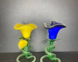 Murano Style Glass Flower Candlestick Holders in Blue and Yellow