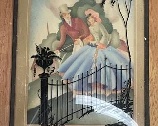 Vintage Reverse Painted Silhouette Convex Glass Art