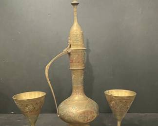 Brass Aftaba Ewer and Goblets Set Vintage
