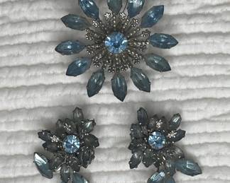 Vintage Blue Rhinestone Brooch and Earrings