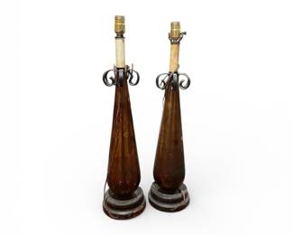 Pair of Vintage Amber Glass Genie Bottle Table Lamps