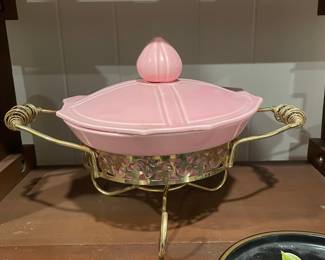Pink Ceramic Casserole Dish with Brass Warmer Stand by Miramar of California