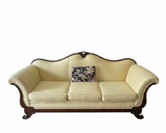 Victorian Style Sofa with Carved Wood Frame and Floral Upholstery