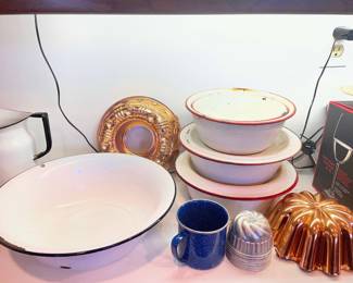 Vintage Enamelware Mixing Bowls and Copper Jell-O Molds