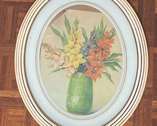 Vintage Oval Floral Still Life Print in Gold Tone Frame