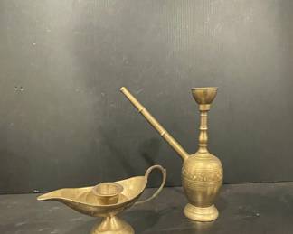 Vintage Brass Hookah and Aladdin-style Oil Lamp