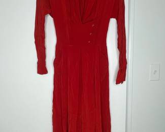 Vintage 1930s-1940s Red Rayon Crepe Button-Front Dress