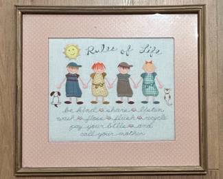 Framed "Rules of Life" Cross-Stitch Sampler