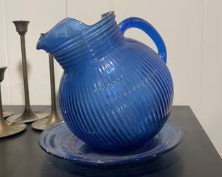 Hazel Atlas Cobalt Blue Ribbed Tilt Pitcher and Saucer