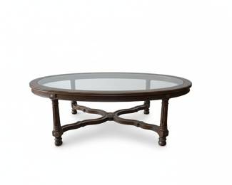 Vintage Carved Oval Coffee Table with Glass Top