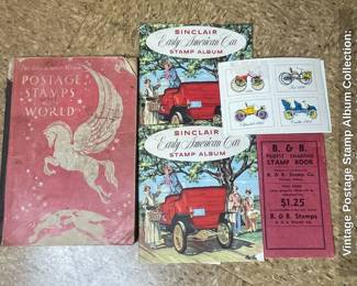 Vintage Postage Stamp Album Collection The Adventurer Album and Sinclair Early American Car Stamp Albums