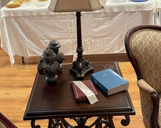 1 of 2 wood top tables with metal scroll base