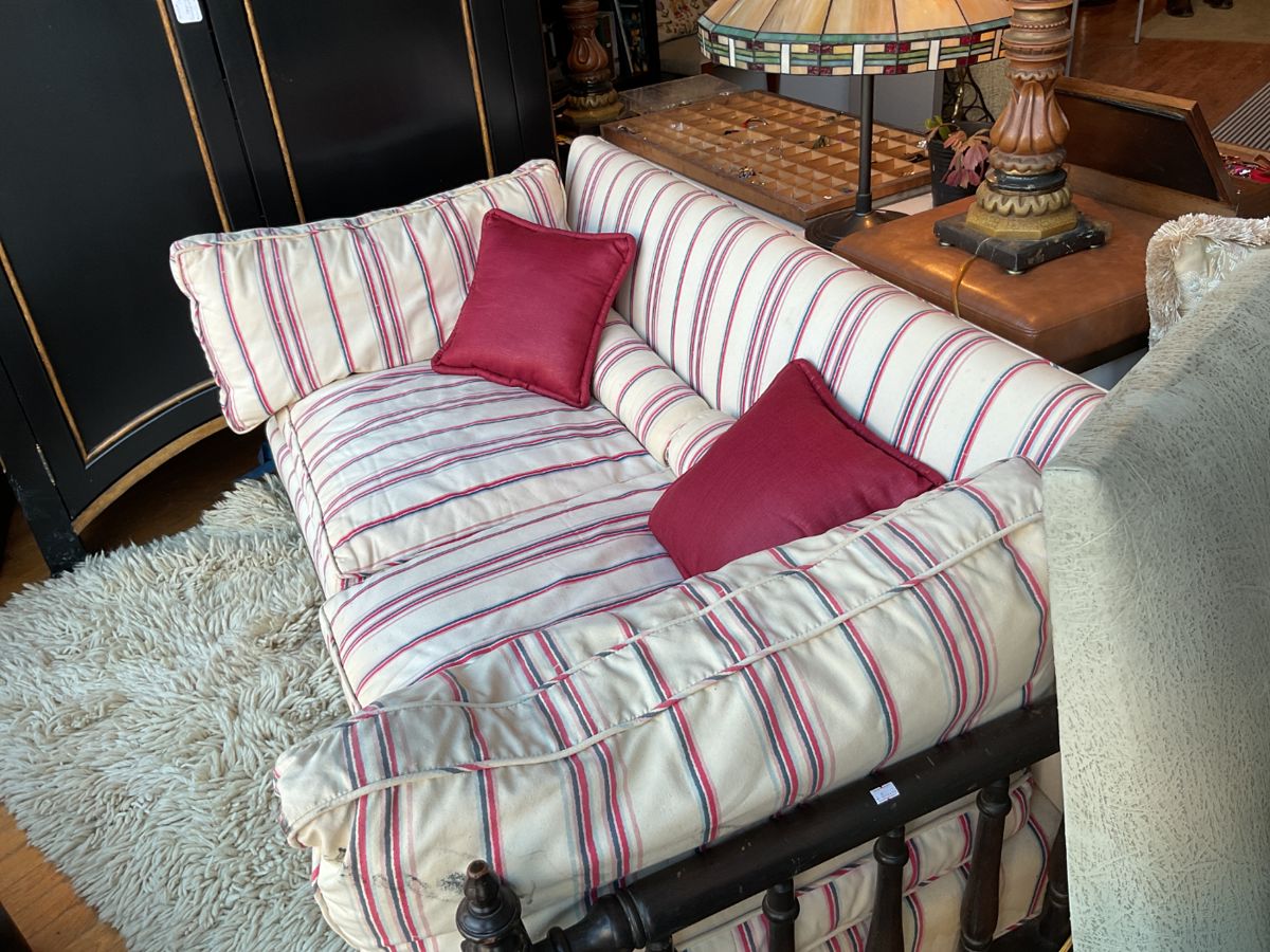 Vintage wood framed love seat with striped cushions (5’ x 29” x 30”) $280 + tax