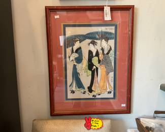 “Three Women Holding Umbrellas, Strolling in the Rain” Torii Kiyonaga woodblock print (17” x 22”) $140 + tax