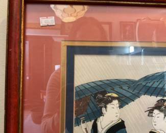 “Three Women Holding Umbrellas, Strolling in the Rain” Torii Kiyonaga woodblock print (17” x 22”) $140 + tax