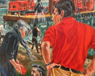 “Indiana Dredgers” large acrylic painting by Pat Olsen (46” x 72”) $1750 + tax