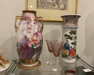 Antique Nippon hand painted double handled floral porcelain vase $70 + tax