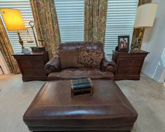 Oversized Chair and Ottoman, Night Stands, Brass Lamps, Scales