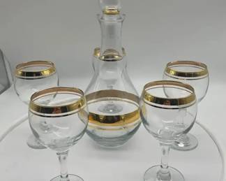 Vintage Glass Decanter Set Gold Rim Wine Glasses Mid Century Barware