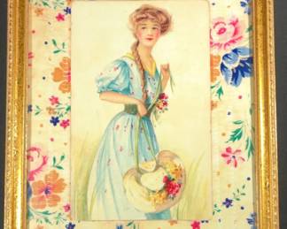 Framed Vintage Lady Print Floral Border Victorian Style Approx 18x13 