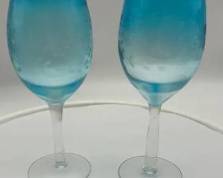 Heavy Blown Glass blue etched wine glasses