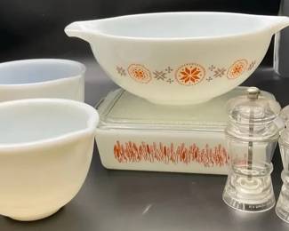Vintage Pyrex, Town Country, Mixing Bowl, Casserole Dish, Salt, And Pepper, Shakers Granny Core 
