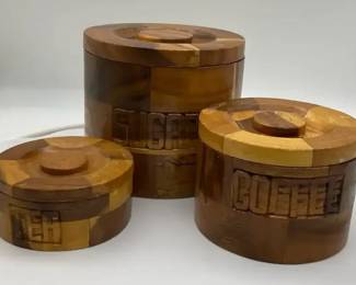 Vintage Wooden Inlay Coffee Sugar Tea Canisters