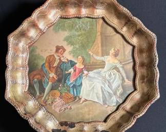 Ornate Scalloped Wall Plaque Victorian Couple Scene Gold Tone Frame