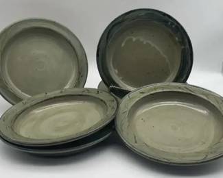 RC Studio Pottery Pasta Bowls Set of 7 Gray Green Glaze 10 