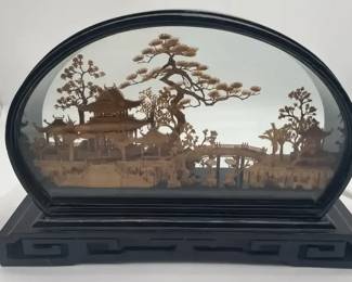 Vintage Chinese Cork Art Diorama Pagoda Scene in Display Case