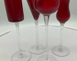 Vintage Murano Red Glass Cordial Or Liqueur Glasses Set Of Four
