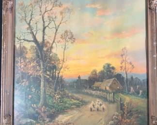 Vintage Print Depicting Sheep Going Home Just After Sunset