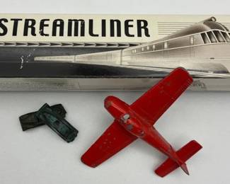 Schilling Streamliner Three Car WindUp Tin Train and vintage Tootsie Toy pressed steel toy airplane
