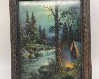 Vintage Wooden Jewelry Trinket Box Scenic Cabin Picture Lid Mirror Interior