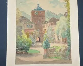 A. Orton 20th CenturyHeidelberg Castle, Germany, 1958Watercolor on Paper Period Mounted to Avia