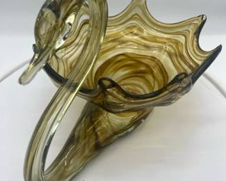 Vintage HandBlown Art Glass Swan Bowl in a brown amber swirled design. 