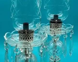 vintage cut crystal electric hurricane lamp with hanging prisms