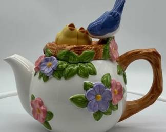 Vintage Teleflora Bird Nest Teapot Bluebird Chicks Spring Floral Ceramic Gift