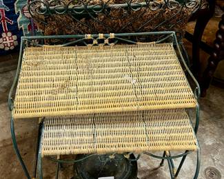 Lot #90: Garden Variety! Wicker and Iron Nesting Tables, Standing Planter and Marble Pot Base