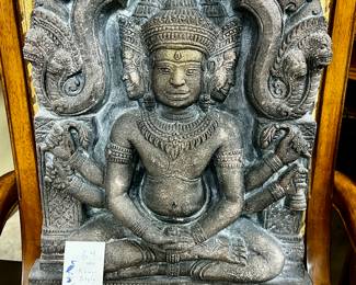 Lot #64: Khmeresque Large Scale (approximately 24" H), High Relief, Cast Concrete Temple/Shrine Plaque depicting the three headed image of Brahma
