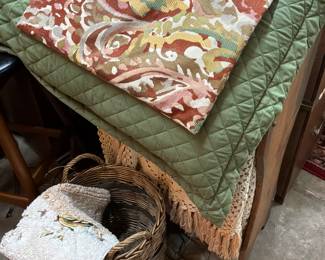 Lot #49: King Sized Company Store Bedding, Antique Crocheted Coverlet, Down Pillows and More