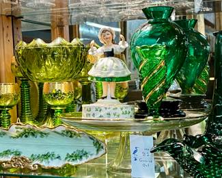 Lot #81: Collection of European Handblown Emerald Glass and Porcelains