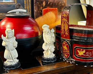 Lot 127: Laquered Maitland Smith Chinese Style Picnic Basket, Warrior Gods, Signed Pottery