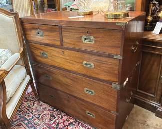 Lot #48: Mid-1800's two piece five drawer English Mahogany Campaign Chest with original brass hardware...some veneer issues