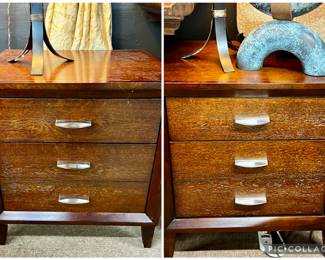 Lot #42: Matching Pair of Contemporary 3 Drawer Beside Chests with Brushed Nickle Hardware
